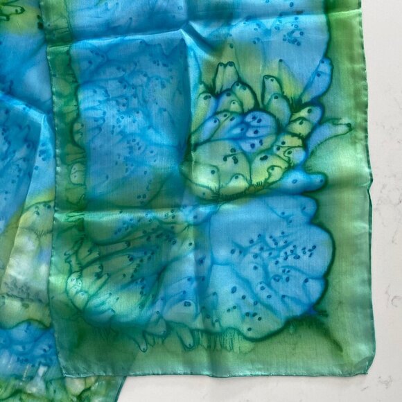 Luxurious Vintage Tie Dye 100% Silk Rectangle Scarf Vivid Blue Green Sz OS - Picture 4 of 8